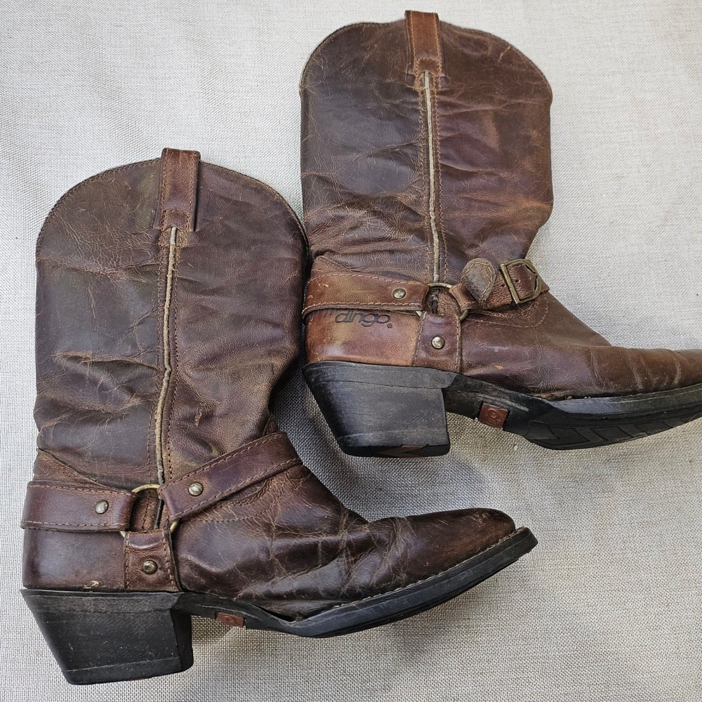 Dingo Mens Brown Leather Western Harness Boots Pointed Toe DT327 Size 8 M - Picture 2 of 14